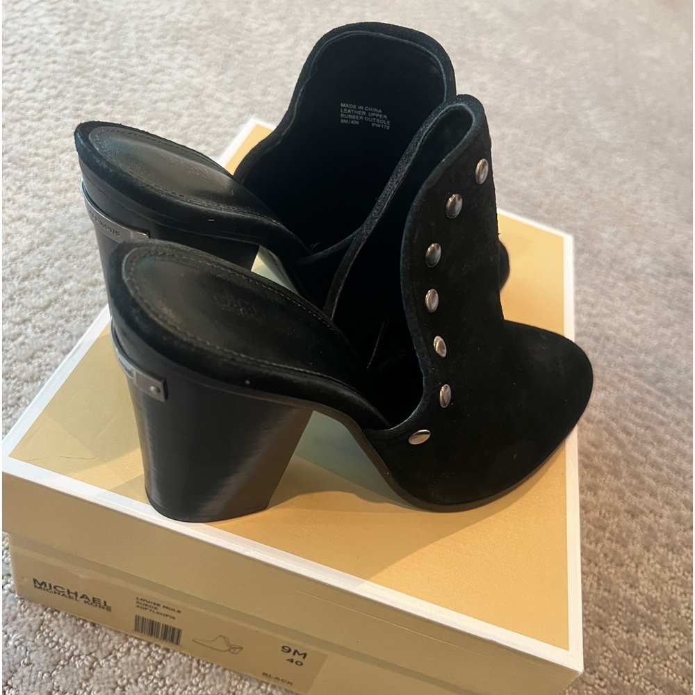 Michael Kors Louise Suede Mule Black Studded Stacked Block Heel Slip On Clog 9